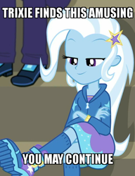 Size: 500x650 | Tagged: safe, derpibooru import, edit, edited screencap, screencap, marco dafoy, trixie, better together, choose your own ending, equestria girls, sock it to me, sock it to me: trixie, bleachers, boots, clothes, crossed legs, female, kneesocks, offscreen character, shoes, smug, socks