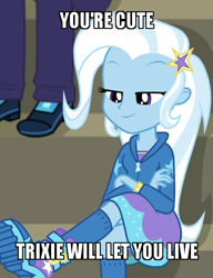 Size: 500x650 | Tagged: safe, derpibooru import, edit, edited screencap, screencap, marco dafoy, trixie, better together, choose your own ending, equestria girls, sock it to me, sock it to me: trixie, bleachers, boots, clothes, crossed legs, cute, diatrixes, female, kneesocks, offscreen character, shoes, smug, socks