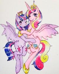 Size: 599x747 | Tagged: safe, artist:divided-s, princess cadance, twilight sparkle, twilight sparkle (alicorn), alicorn, pony, both cutie marks, female, mare, new crown, traditional art