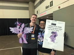 Size: 4032x3024 | Tagged: safe, derpibooru import, starlight glimmer, trixie, twilight sparkle, twilight sparkle (alicorn), alicorn, human, bronycon 2019, gameleon, irl, irl human, photo, sign