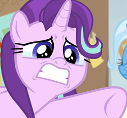 Size: 1152x1078 | Tagged: safe, derpibooru import, screencap, starlight glimmer, trixie, pony, unicorn, a horse shoe-in, cropped, crying, eyes closed, female, gritted teeth, mare, phyllis no!, raised hoof, sad, sadlight glimmer, starlight glimmer is best facemaker, teary eyes