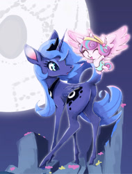 Size: 800x1053 | Tagged: safe, artist:kolshica, princess flurry heart, princess luna, deer, the crystalling, bambi, deerified, eyes closed, moon, night, open mouth, plot, s1 luna, species swap, spread wings