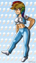 Size: 550x952 | Tagged: safe, artist:xjkenny, rainbow dash, clothes, female, humanized, multicolored hair, simple background