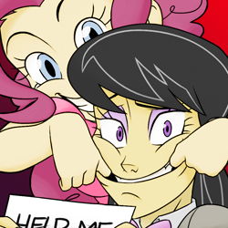 Size: 800x800 | Tagged: safe, artist:redge, artist:thelivingmachine02, octavia melody, pinkie pie, human, crazy face, faic, female, forced smile, help me, humanized, insanity, sign