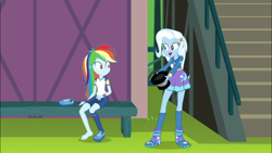 Size: 1280x720 | Tagged: safe, derpibooru import, screencap, rainbow dash, trixie, better together, choose your own ending, equestria girls, sock it to me, sock it to me: trixie, barefoot, cute, dashabetes, diatrixes, feet, hat