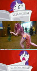 Size: 363x700 | Tagged: safe, pinkie pie, rarity, human, cosplay, i'll destroy her, irl, irl human, meme, newspaper, nightmare fuel, photo