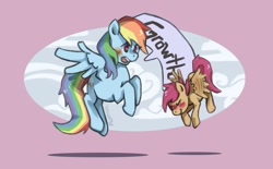 Size: 930x578 | Tagged: safe, artist:purplelemons, rainbow dash, scootaloo, pegasus, pony, flying, scootaloo can fly