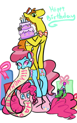 Size: 500x800 | Tagged: safe, artist:mt, carrot cake, cup cake, gummy, pinkie pie, earth pony, pony, cake, cake family, present