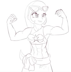 Size: 800x813 | Tagged: safe, artist:raikoh, derpibooru import, trixie, better together, equestria girls, forgotten friendship, abs, amazon, armpits, belly button, biceps, bikini, bikini top, clothes, flexing, grand and muscular trixie, lineart, lip bite, midriff, muscles, muscular female, sarong, scene interpretation, simple background, solo, sunglasses, swimsuit, white background