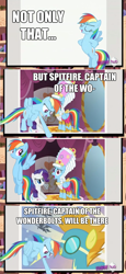 Size: 500x1090 | Tagged: safe, edit, edited screencap, screencap, rainbow dash, rarity, spitfire, pegasus, pony, unicorn, hurricane fluttershy, swarm of the century, artifact, comic, exploitable meme, hub logo, mare antoinette, rainbow dash always dresses in style, rainbow dash's slideshow, screencap comic, solo, wonderbolts