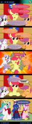 Size: 600x2305 | Tagged: safe, artist:ladyanidraws, apple bloom, princess cadance, princess celestia, princess luna, scootaloo, sweetie belle, alicorn, pony, twilight's kingdom, blank flank, cape, clothes, comic, cutie mark crusaders