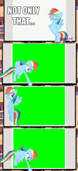 Size: 500x1090 | Tagged: safe, edit, edited screencap, screencap, rainbow dash, pegasus, pony, hurricane fluttershy, comic, exploitable, exploitable meme, green screen, hub logo, meme, rainbow dash's slideshow, screen, screencap comic, solo, template