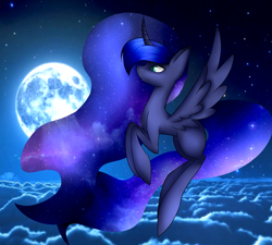 Size: 4000x3600 | Tagged: safe, artist:laura514, princess luna, alicorn, pony, flying, missing accessory, missing cutie mark, moon, night, solo