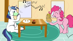 Size: 3200x1800 | Tagged: safe, artist:whachah, pinkie pie, shining armor, earth pony, pony, unicorn, blank flank, coffee, female, male, mare, pancakes, plate, sick, stallion, table