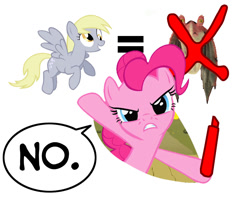 Size: 1008x822 | Tagged: safe, derpy hooves, pinkie pie, earth pony, pegasus, pony, angry, female, flying, fourth wall, frown, glare, gritted teeth, gungan, jar jar binks, looking at you, mare, meta, no, speech bubble, spread wings, star wars, talking