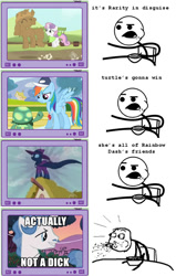 Size: 600x945 | Tagged: safe, fancypants, mare do well, rainbow dash, rarity, sweetie belle, tank, pegasus, pony, unicorn, cereal guy, exploitable meme, meme, tv meme