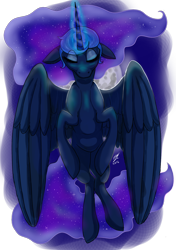 Size: 1024x1453 | Tagged: safe, artist:kankryvantas, princess luna, alicorn, pony, eyes closed, floppy ears, flying, magic, moon, solo