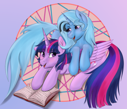 Size: 3100x2650 | Tagged: safe, artist:ellynet, derpibooru import, trixie, twilight sparkle, twilight sparkle (alicorn), alicorn, pony, unicorn, blushing, book, female, folded wings, lidded eyes, looking at each other, wings