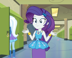 Size: 1338x1080 | Tagged: safe, derpibooru import, screencap, rarity, trixie, better together, choose your own ending, equestria girls, sock it to me, bracelet, canterlot high, cropped, geode of shielding, hallway, jewelry, legs, lockers, looking at you, magical geodes, smiling