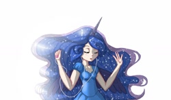 Size: 1280x750 | Tagged: safe, artist:161141, princess luna, human, clothes, dress, eyes closed, horned humanization, humanized, listening, mp3 player, simple background, solo, winged humanization