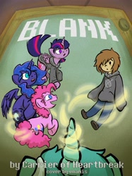 Size: 2751x3669 | Tagged: safe, artist:enamis, lyra heartstrings, pinkie pie, princess luna, twilight sparkle, twilight sparkle (alicorn), oc, oc:ryan burbank, alicorn, human, pony, blank, clothes, cover art, fanfic, fanfic art, fanfic cover, female, hoodie, magic, mare, operator symbol