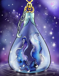 Size: 1024x1325 | Tagged: safe, artist:animechristy, princess luna, alicorn, pony, eyes closed, pony in a bottle, prone, sleeping, solo, space, stars