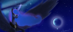 Size: 1640x735 | Tagged: safe, artist:majorlaughmaster, princess luna, alicorn, pony, moon, night, solo