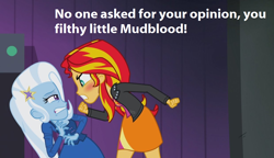 Size: 1240x716 | Tagged: safe, derpibooru import, edit, edited screencap, screencap, sunset shimmer, trixie, equestria girls, rainbow rocks, draco malfoy, harry potter, hermione granger, mudblood