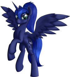 Size: 1809x2000 | Tagged: safe, artist:vinaramic, princess luna, alicorn, pony, alternate hairstyle, female, lidded eyes, looking at you, mare, ponytail, rearing, simple background, smiling, solo, spread wings, transparent background, wings
