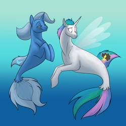 Size: 1000x1000 | Tagged: safe, artist:foxenawolf, derpibooru import, trixie, oc, oc:mark wells, seapony (g4), fanfic:off the mark, bedroom eyes, canon x oc, fanfic art, female, male, markxie, seaponified, shipping, species swap, straight