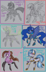 Size: 1229x1920 | Tagged: safe, artist:raptor007, dj pon-3, princess luna, vinyl scratch, alicorn, pony, unicorn, armor, clothes, commission, scarf, shoes, socks, stockings, thigh highs, visor