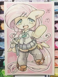 Size: 960x1280 | Tagged: safe, artist:mosamosa_n, fluttershy, pegasus, pony, rabbit, semi-anthro, arm hooves, butt wings, clothes, cute, pleated skirt, school uniform, schoolgirl, shoes, shyabetes, simple background, skirt, socks, solo, thigh highs, traditional art, watercolor painting, zettai ryouiki