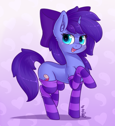 Size: 1536x1678 | Tagged: safe, artist:dsp2003, oc, oc only, oc:seafood dinner, pony, unicorn, 2017, blushing, clothes, commission, cute, female, lidded eyes, looking at you, mare, raised hoof, socks, solo, stockings, striped socks, thigh highs