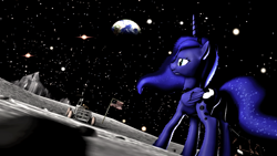 Size: 1920x1080 | Tagged: safe, artist:canterlotsravenua, princess luna, alicorn, pony, 3d, earth, flag, lunar module, moon, planet, poster, solo, source filmmaker, stars