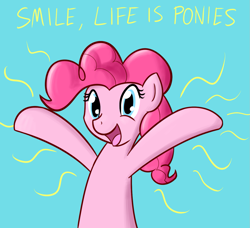 Size: 1377x1257 | Tagged: safe, artist:whatsapokemon, pinkie pie, earth pony, pony, blue background, bronybait, cheerful, female, happy, looking at you, mare, open mouth, optimism, simple background, smiling, solo