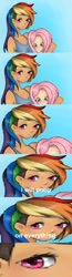 Size: 432x1654 | Tagged: safe, fluttershy, rainbow dash, clothes, female, humanized, multicolored hair, poop