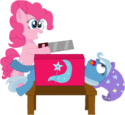 Size: 1019x942 | Tagged: safe, artist:thecastawaypariah, derpibooru import, pinkie pie, trixie, earth pony, pony, abuse, bipedal, box, box sawing trick, female, magic trick, mare, saw, table, this will end in death, this will end in tears, this will end in tears and/or death, this will not end well, trixiebuse