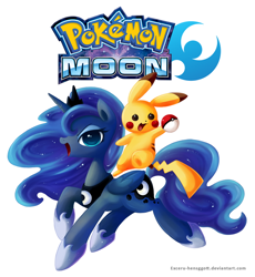 Size: 600x653 | Tagged: safe, artist:exceru-karina, princess luna, alicorn, pikachu, pony, crossover, pokémon, pokémon moon