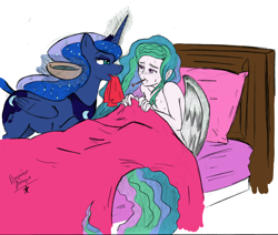 Size: 1800x1527 | Tagged: safe, artist:flutteriot, artist:nayaasebeleguii, princess luna, oc, oc:dawn, alicorn, pony, satyr, bed, caring for the sick, food, handkerchief, magic, nurse, offspring, parent:anon, parent:oc:anon, parent:princess celestia, sick, soup, telekinesis, thermometer, tissue