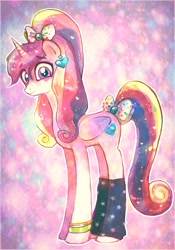 Size: 630x900 | Tagged: safe, artist:technaro, princess cadance, alicorn, pony, 80's fashion, 80s hair, alternate hairstyle, bow, leg warmers, looking at you, solo, tail bow