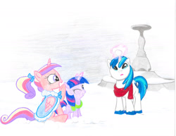 Size: 3300x2550 | Tagged: safe, artist:violetsquiggles, princess cadance, shining armor, twilight sparkle, alicorn, pony, unicorn, clothes, coat, glowing horn, scarf, snow, snowball, younger