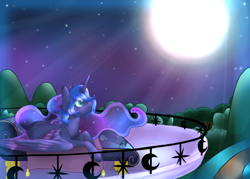 Size: 1280x914 | Tagged: safe, artist:twisted-sketch, princess luna, alicorn, pony, balcony, crepuscular rays, forest, moon, night, prone, sofa, solo, stars