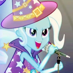 Size: 640x640 | Tagged: safe, derpibooru import, screencap, trixie, equestria girls, rainbow rocks, clothes, female, hat, microphone, trixie's hat