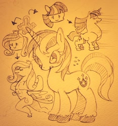 Size: 954x1024 | Tagged: safe, artist:mosamosa_n, gleaming shield, princess cadance, shining armor, twilight sparkle, alicorn, pony, unicorn, buff, monochrome, pixiv, princess ca-dense, rule 63, sketch, traditional art, twilight muscle