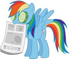 Size: 3670x3006 | Tagged: safe, artist:marker, rainbow dash, pegasus, pony, biting, cucumber, eyes closed, female, high res, holding, mare, newspaper, simple background, solo, transparent background, vector