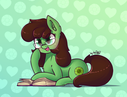 Size: 1664x1280 | Tagged: safe, artist:dsp2003, oc, oc only, oc:peppermint swirl, earth pony, pony, 2017, blushing, book, commission, cute, female, glasses, mare, ocbetes, open mouth