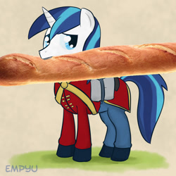 Size: 1000x1000 | Tagged: safe, artist:empyu, shining armor, pony, unicorn, baguette, bread, solo