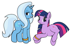 Size: 579x391 | Tagged: safe, artist:dekomaru, derpibooru import, edit, trixie, twilight sparkle, pony, female, lesbian, pregnant, shipping, twixie