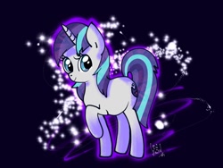 Size: 2048x1536 | Tagged: safe, artist:aimihanibal, gleaming shield, shining armor, pony, unicorn, 30 minute art challenge, 30minhentai, blue background, female, mare, raised hoof, rule 63, simple background, smiling, solo, sparkles, transparent