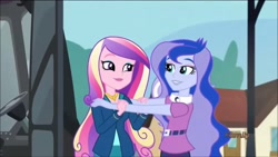 Size: 1366x768 | Tagged: safe, screencap, dean cadance, princess cadance, princess luna, vice principal luna, equestria girls, friendship games, discovery family logo, eye contact, grin, smiling